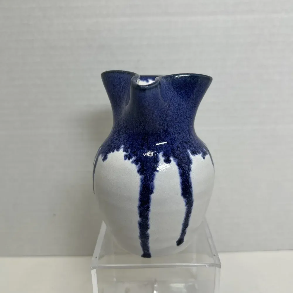 Vtg Holly Hill Pottery Seagrove NC Cream Pitcher Blue Drip Glaze Over White ARB